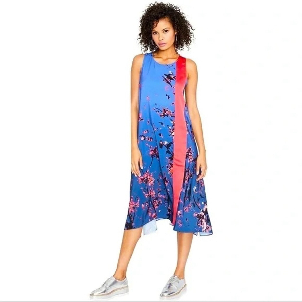 Rachel Roy Blue African Violet Floral Scarf Print Dress Women's Size M - Picture 2 of 7